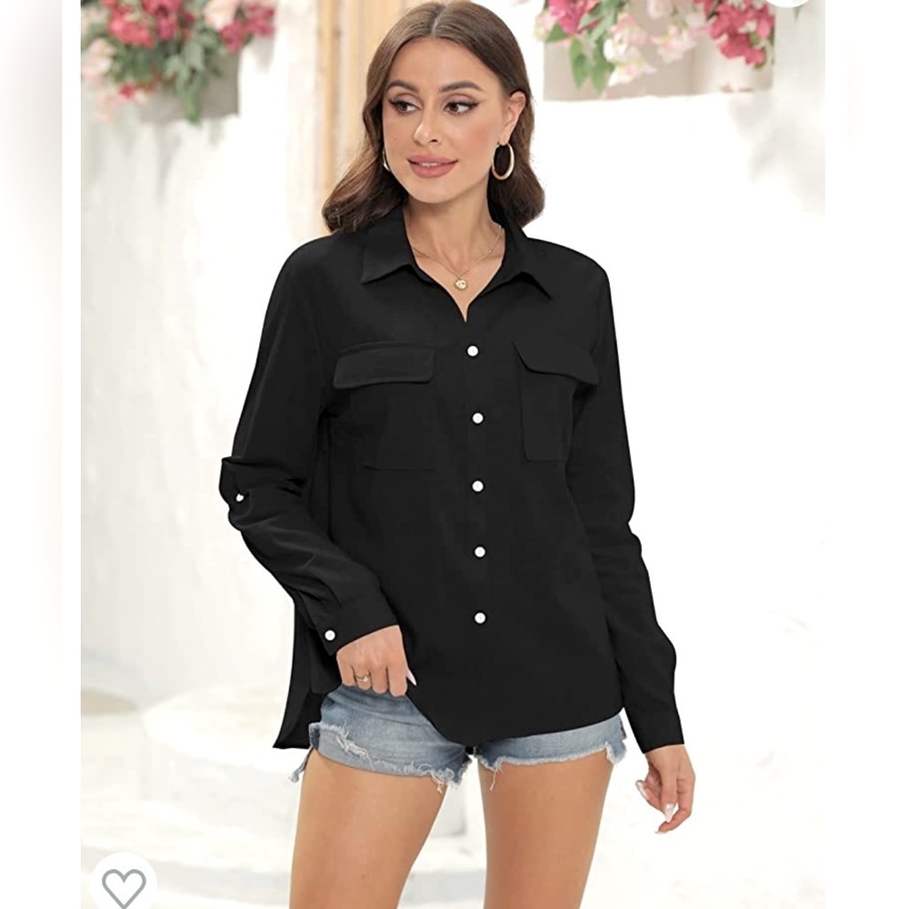 V-neck Button Down long sleeve Black Top. Size Small